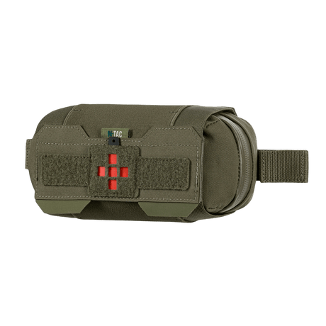 M‑Tac Horizontal Medical Pouch Elite i olivengrøn Cordura 500D materiale med YKK AquaGuard lynlås, set fra siden.