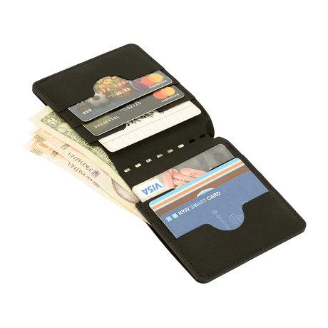 M‑Tac Pung Slim Elite open wallet with cash and cards.