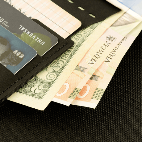 M‑Tac Pung Slim Elite with cards and cash, compact and stylish wallet in modern polymer composite, perfect for light storage.