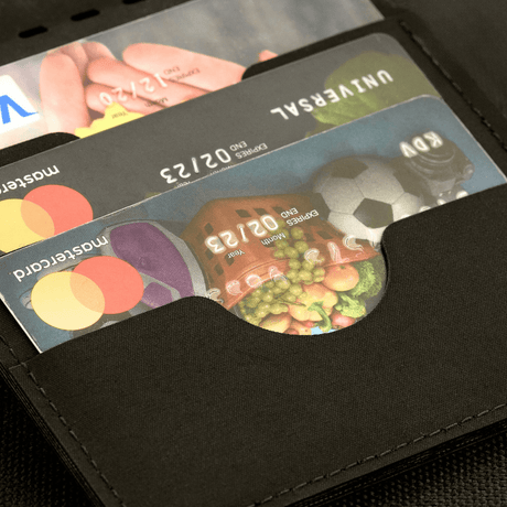 M‑Tac Pung Slim Elite with cards in compact slots, modern polymer composite, stylish black design for cash, cards, and business card storage.