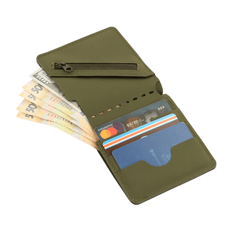 M-Tac Slim Elite Gen. II in green, showing cash and cards in pocket, compact and stylish, with brass stud and coin pocket.