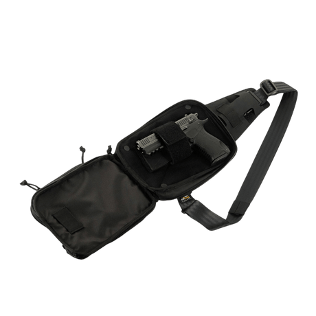M-Tac Sling Pistol Bag Elite Hex with adjustable shoulder strap, made of durable Cordura, ideal for concealed weapon transport.
