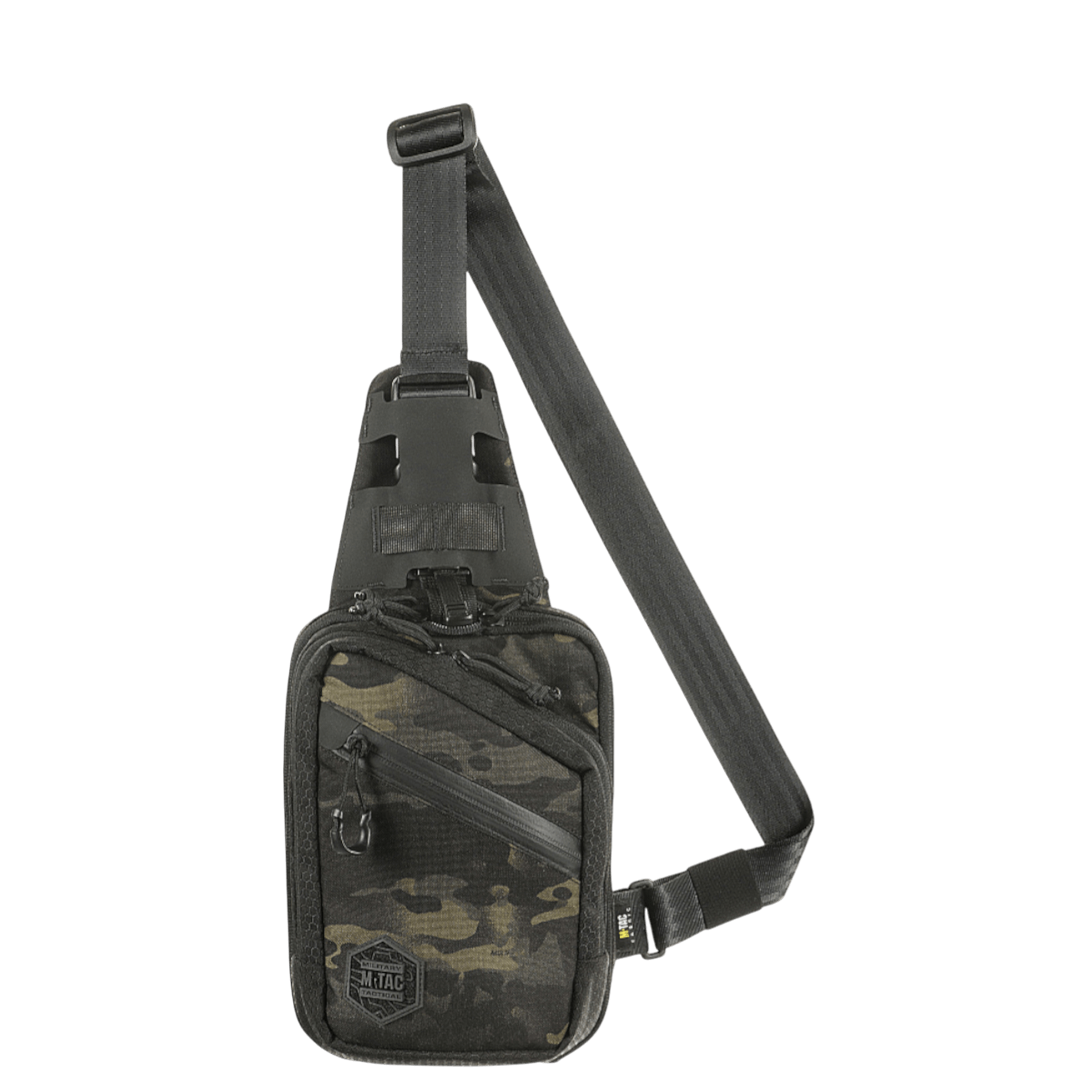 M-Tac Sling Pistoltaske Elite Hex i Cordura, camouflagemønster, med justerbar skulderrem og rummelige rum til skjult transport af våben.
