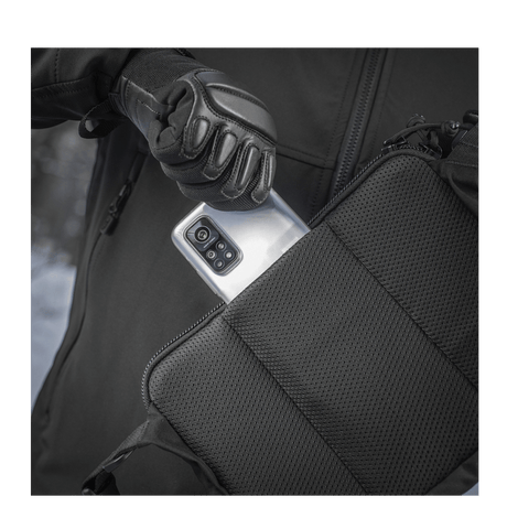 M-Tac Admin Bag Elite with smartphone, durable Cordura material, sturdy stylish design for organization and storage.