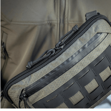 Close-up of M-Tac Admin Bag Elite highlighting Cordura 500D material and YKK zippers