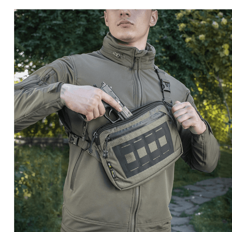 M-Tac Admin Bag Elite used by a person wearing a jacket, made from Cordura 500D and Cordura Hex
