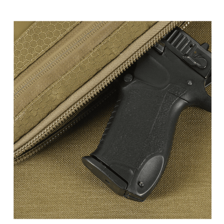 M-Tac Admin Bag Elite with a pistol in the pocket, showing Cordura 500D material and YKK zippers