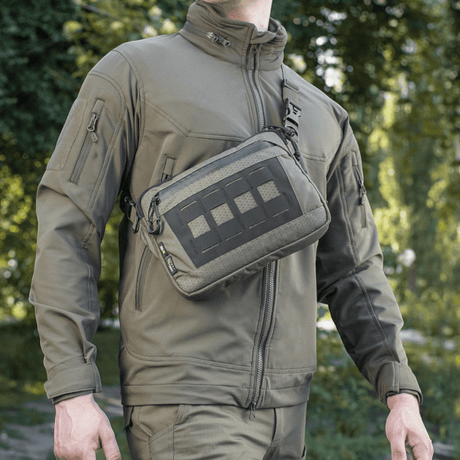Man wearing M-Tac Admin Bag Elite in Cordura 500D with adjustable shoulder strap, shown outdoors