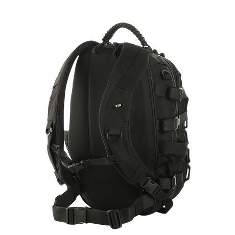 M-Tac Mission Pack Elite backpack in black Cordura 1000D with ergonomic design and MOLLE system, rear view.
