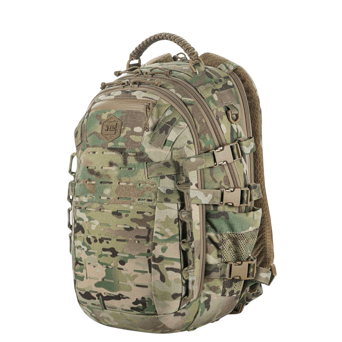 M-Tac Mission Pack Elite rygsæk med slidstærk Cordura 1000D og MOLLE LASER CUT-system, ideel til øget volumen og beskyttelse.