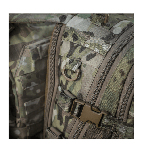 Close-up of M-Tac Mission Pack Elite backpack with durable Cordura 1000D in camouflage pattern and MOLLE LASER CUT system.
