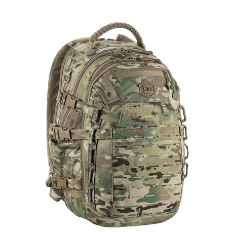 M-Tac Mission Pack Elite with ergonomic design in durable Cordura 1000D and MOLLE LASER CUT system, camouflage color.
