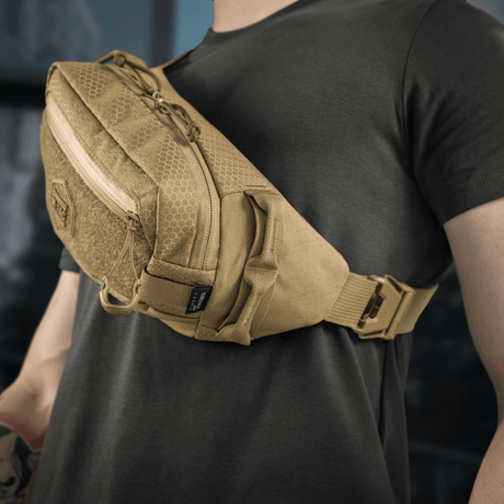 M‑Tac Belt Bag Elite Hex in Cordura fabric with YKK zippers, ideal for daily use and tactical purposes. Two compartments and Velcro panel with Hex logo.