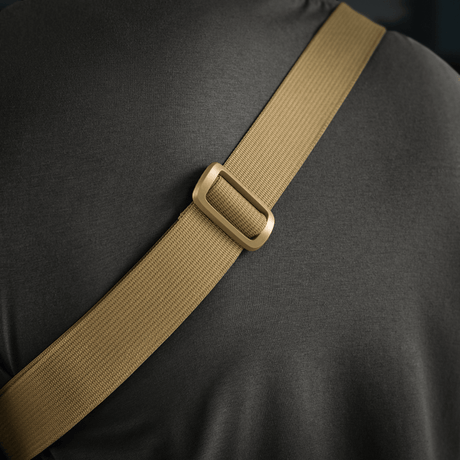 Close-up of beige belt strap on back of grey clothing with a fastened buckle.