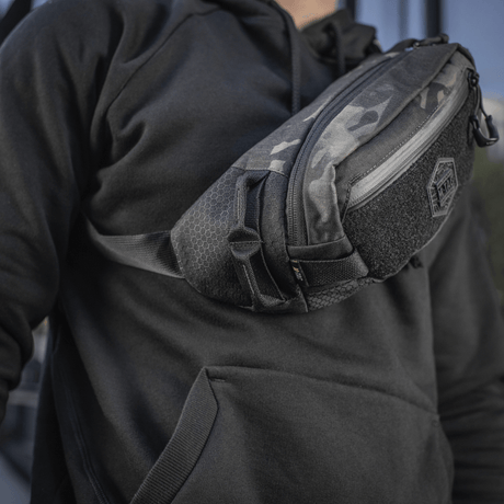 M-Tac Elite Hex belt bag in black with Cordura material and YKK zippers, worn for everyday use or tactical gear.