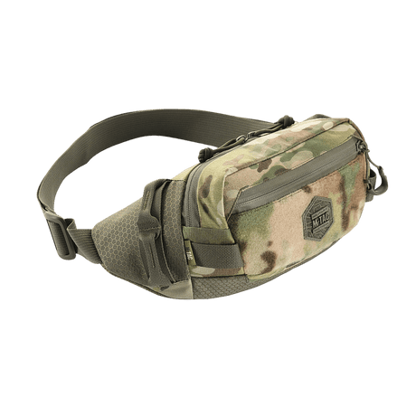 M-Tac Elite Hex belt bag in camouflage design with Cordura material and YKK zippers, ideal for everyday use and tactical gear.
