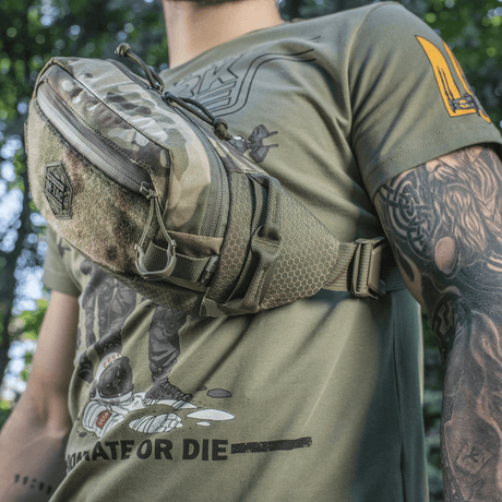 M‑Tac Elite Hex belt bag on a man in camouflage design, ideal for tactical gear and daily use, made from Cordura material.