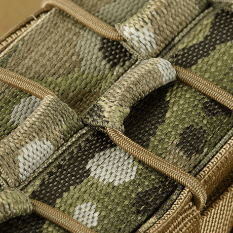 Close-up of M-Tac Double Magazine Pouch for AK Gen.3 with camouflage design and MOLLE compatibility, made of Cordura 1000D