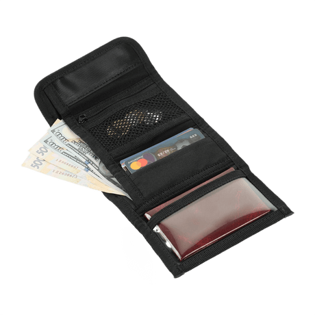 M-Tac Wallet Elite Gen.II Hex with cash, cards and documents in compact Cordura material.