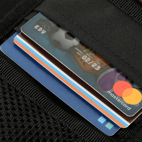 Close-up of M-Tac Wallet Elite Gen.II Hex with credit card in card holder.