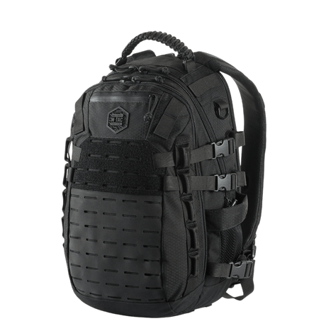 M-Tac Mission Backpack Elite Hex in black with MOLLE system and robust Cordura Hex 1000D material for outdoor adventures.
