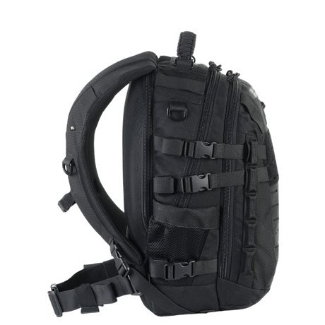 M-Tac Mission Backpack Elite Hex in black with ergonomic design and MOLLE LASER CUT system for extra pockets.