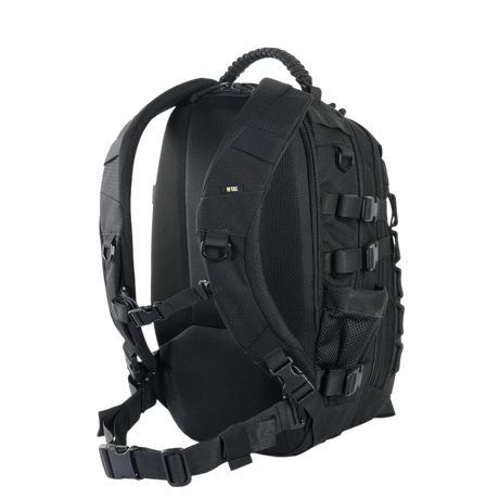 M-Tac Mission Backpack Elite Hex in black with ergonomic design and MOLLE LASER CUT system, made from durable Cordura materials.