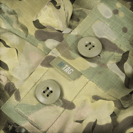 M-Tac Alder Camouflage Suit in durable ripstop material with camouflage, close-up of buttons, shown in gallery position 1