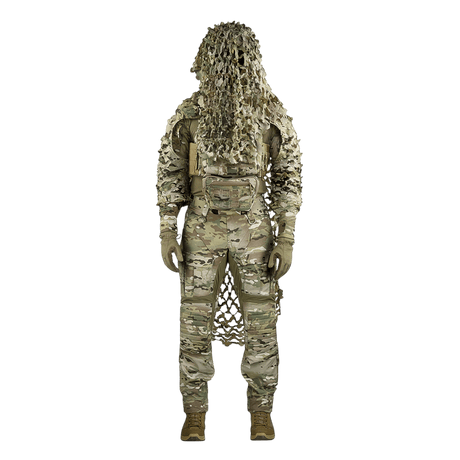 M-Tac Alder Camouflage Suit in camouflage material for uneven terrain, designed for snipers, shown from the back in gallery position 1 with camouflage net