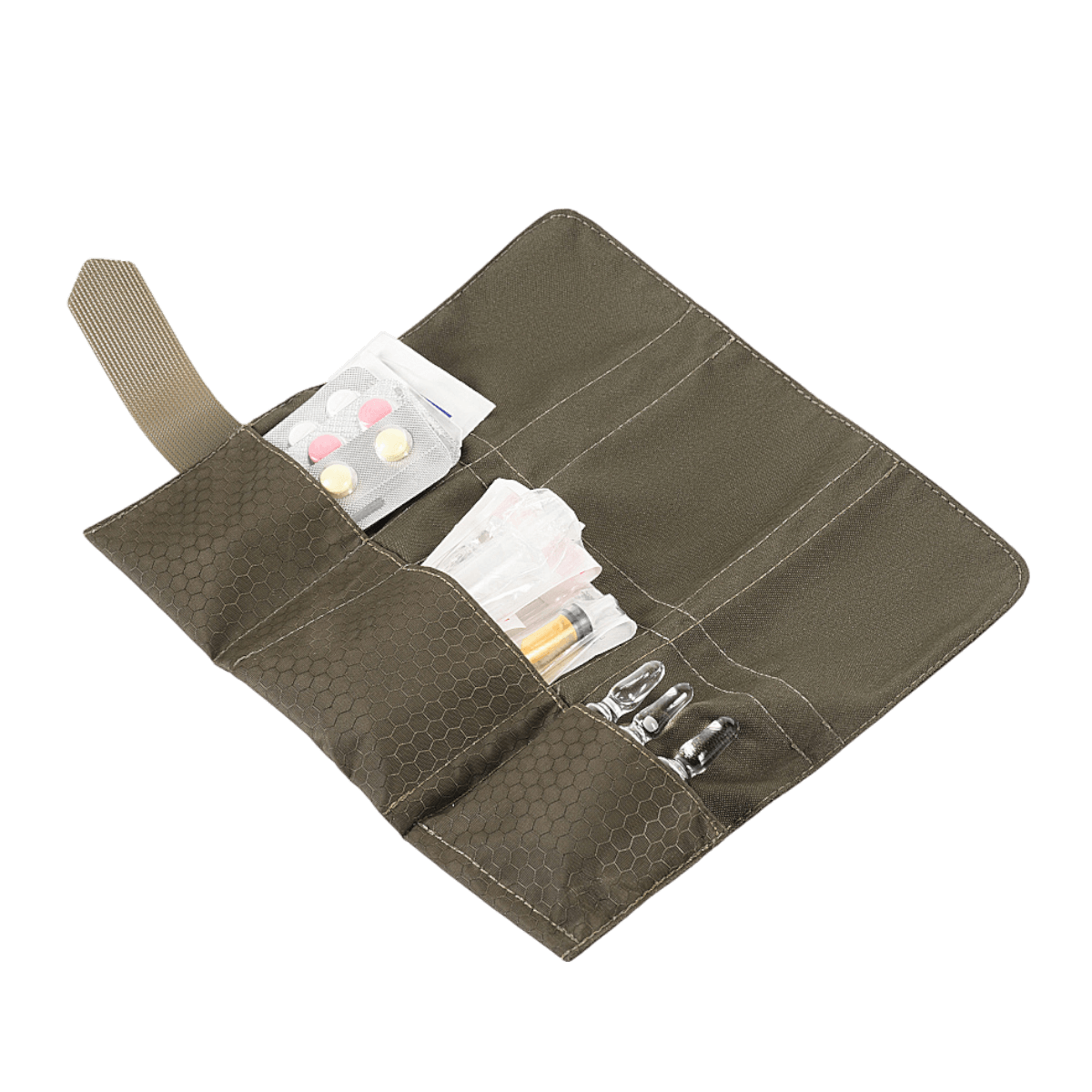 M-Tac City Med Pouch Hex i åben tilstand, fremstillet af slidstærkt Hex Polyester, organiseret med rum til medicinsk opbevaring.