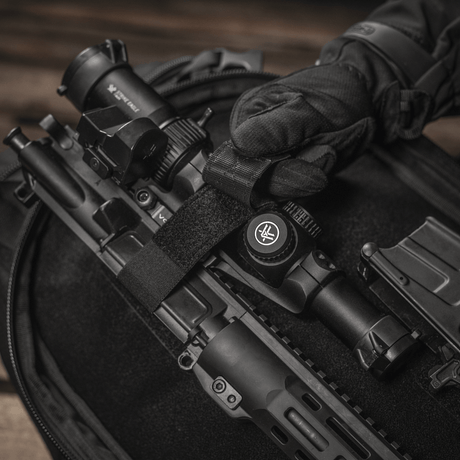 M‑Tac Backpack Inserts (3 pcs) secure weapons with Velcro attachment, designed for AR‑15 and AK carbines with folding stock kit in a backpack.