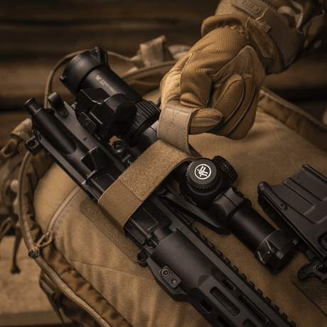 M‑Tac Backpack Inserts (3 pcs) attached to a backpack with adjustable Velcro straps, shows weapon accessories and AR‑15 carbine.