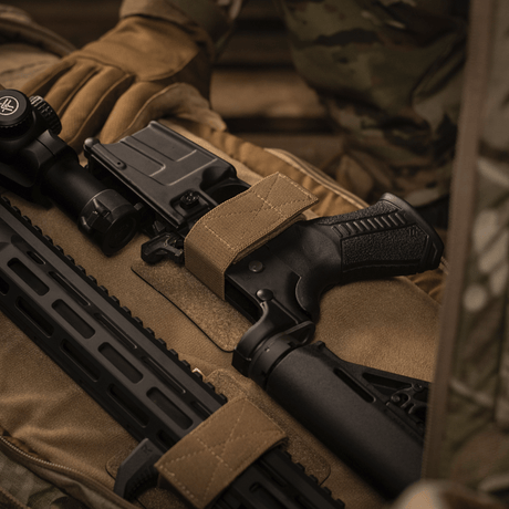 M‑Tac Backpack Inserts (3 pcs) in use with AR-15, adjustable straps and Velcro attachment for secure storage in a backpack.