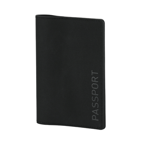M-Tac Passport cover in black polymer composite with stylish "Passport" print, protects your passport and has internal pockets for plastic cards.