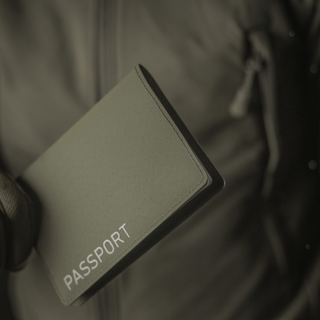 M‑Tac passport cover protects passport from damage, polymer composite, vertical 'Passport' print, stylish design, durable travel accessory.