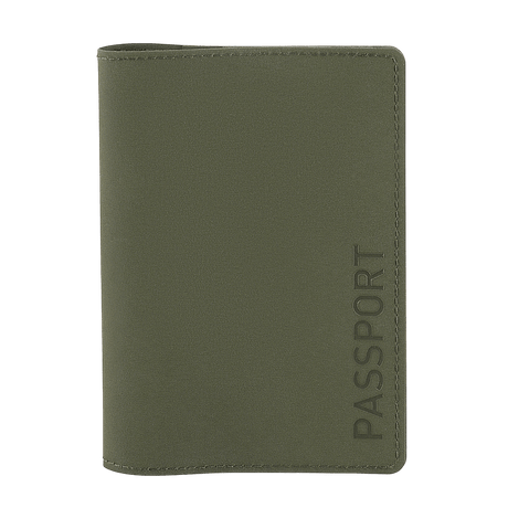 M‑Tac passport cover in green polymer composite with 'Passport' print, protects passport from wear. Stylish design with slots for plastic cards.
