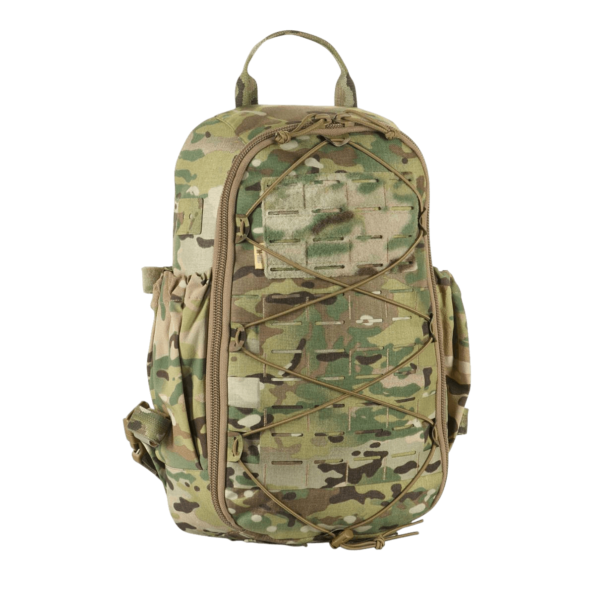 M-Tac STURM Elite Rygsæk i camouflage design til taktisk brug, med MOLLE Laser Cut frontpanel og elastiske sidelommer.
