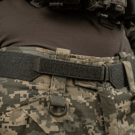 M-Tac Internal Tiger Belt on a military uniform, designed for tactical use with Cordura 500D, Velcro fastening and oval metal frame.