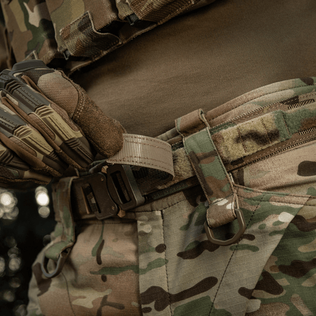 M-Tac Cobra Buckle Tactical Belt Laser Cut in use on a camouflaged tactical uniform.