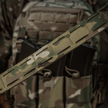M-Tac Cobra Buckle Tactical Belt Laser Cut in camo design, ideal for military and police use as an effective equipment belt.