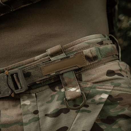M-Tac Cobra Buckle Tactical Belt Laser Cut with camouflage pattern and solid buckle, designed for military and police gear.