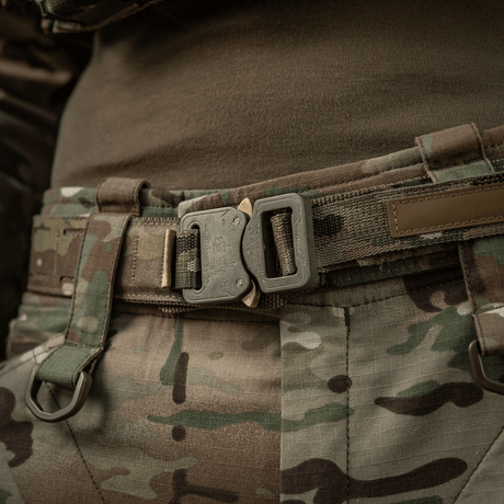 M-Tac Cobra Buckle Tactical Belt Laser Cut seen on a camouflage uniform, ideal for military and police.
