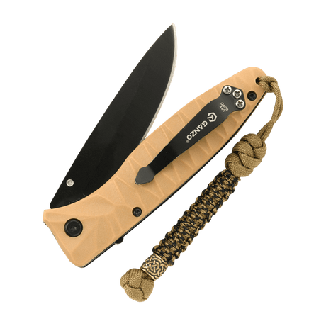 Braided M-Tac Knife Lanyard Scandinavian in paracord attached to a folding pocket knife, adds style and functionality.