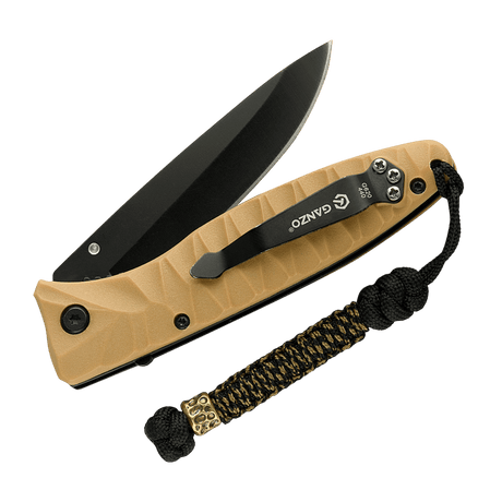 M-Tac Knife Lanyard Scandinavian Granule braided paracord on a pocket knife, stylish and practical accessory for easy storage and personal style.
