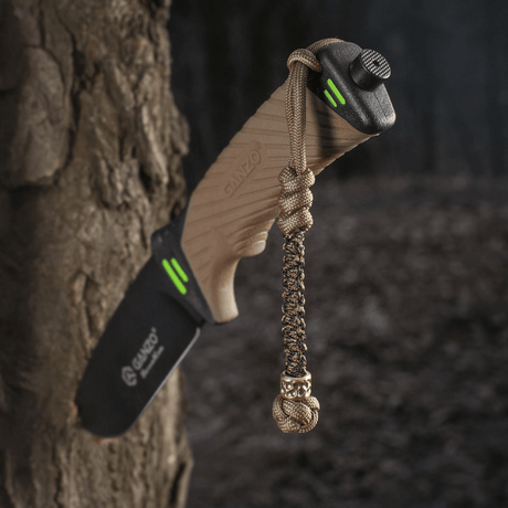 M-Tac Knife Lanyard Scandinavian Granule braided paracord lanyard on a forest background, ideal for personalizing a pocket knife.