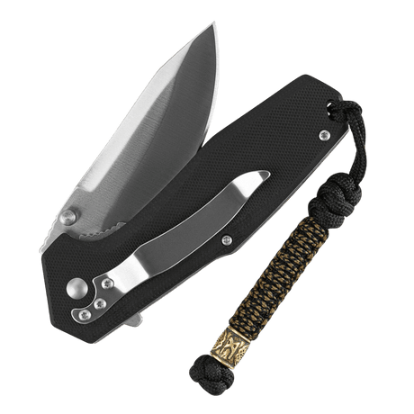 M-Tac Lanyard Scandinavian Mannaz on folding knife with decorative bead in Scandinavian design, emphasizes style and functionality.