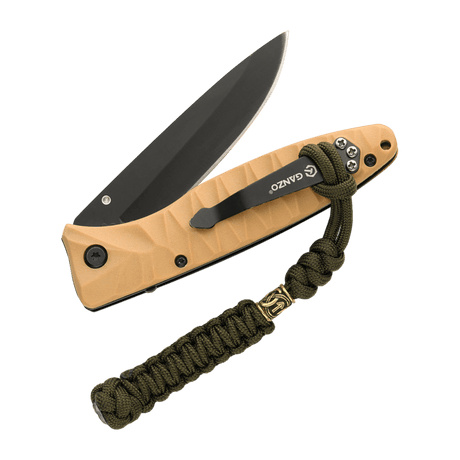 M-Tac Knife Lanyard Loopy Snake Scandinavian in braided paracord design, attached to pocket knife with brown handle and black blade