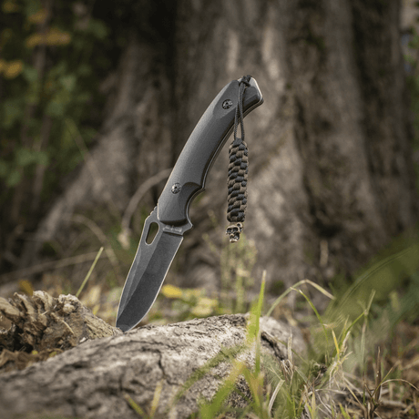 M-Tac Knife Lanyard Helix Skull braided paracord on a black knife against a forest floor.