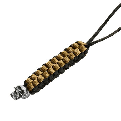 M-Tac Knife Lanyard Cuboid Skull braided paracord with decorative skull bead in black and tan design.