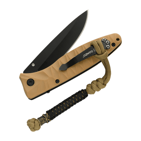 M-Tac Ninja Ver.2 Lanyard attached to a knife with braided paracord design and ninja motif, ideal for knives and small tools.